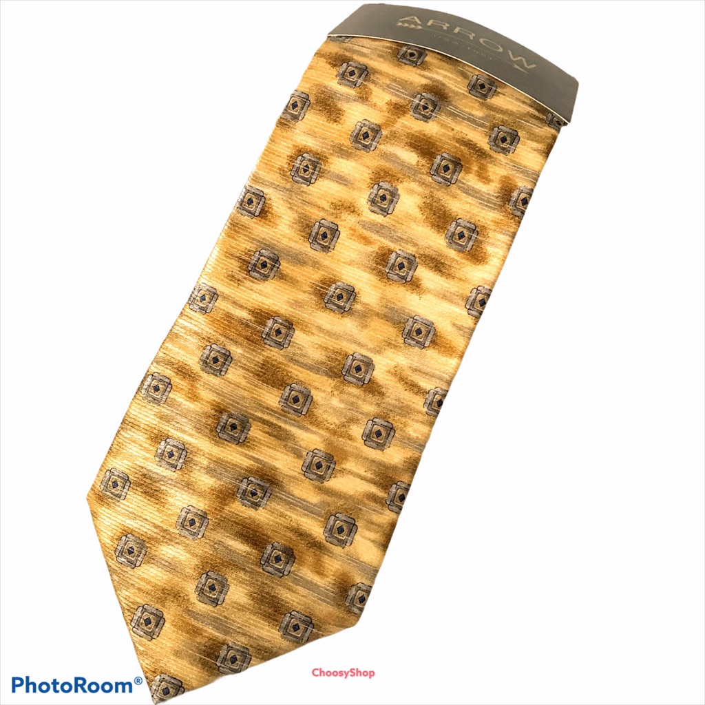 Silk Tie Brand New Arrow Yellow Gold Silver Gray Navy Squares  Diamonds